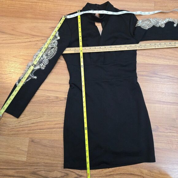 Bebe Vtg Y2K Black Mini Dress S Plunge Neck Sheer Sleeve Rhinestones Open Back - Picture 13 of 14